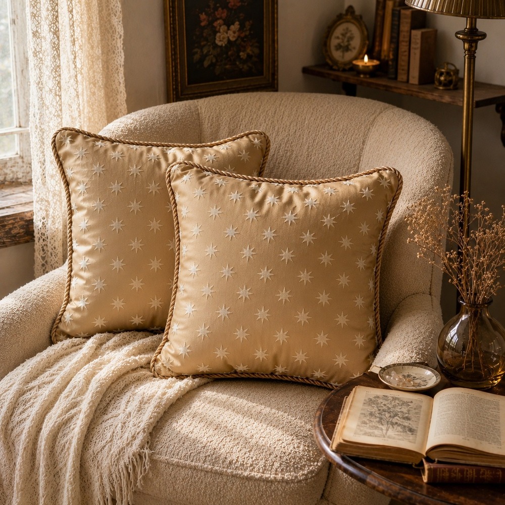 Vintage Set Champagne Star Throw Pillows 16x16 Ivory Embroidered Accent Cushions
